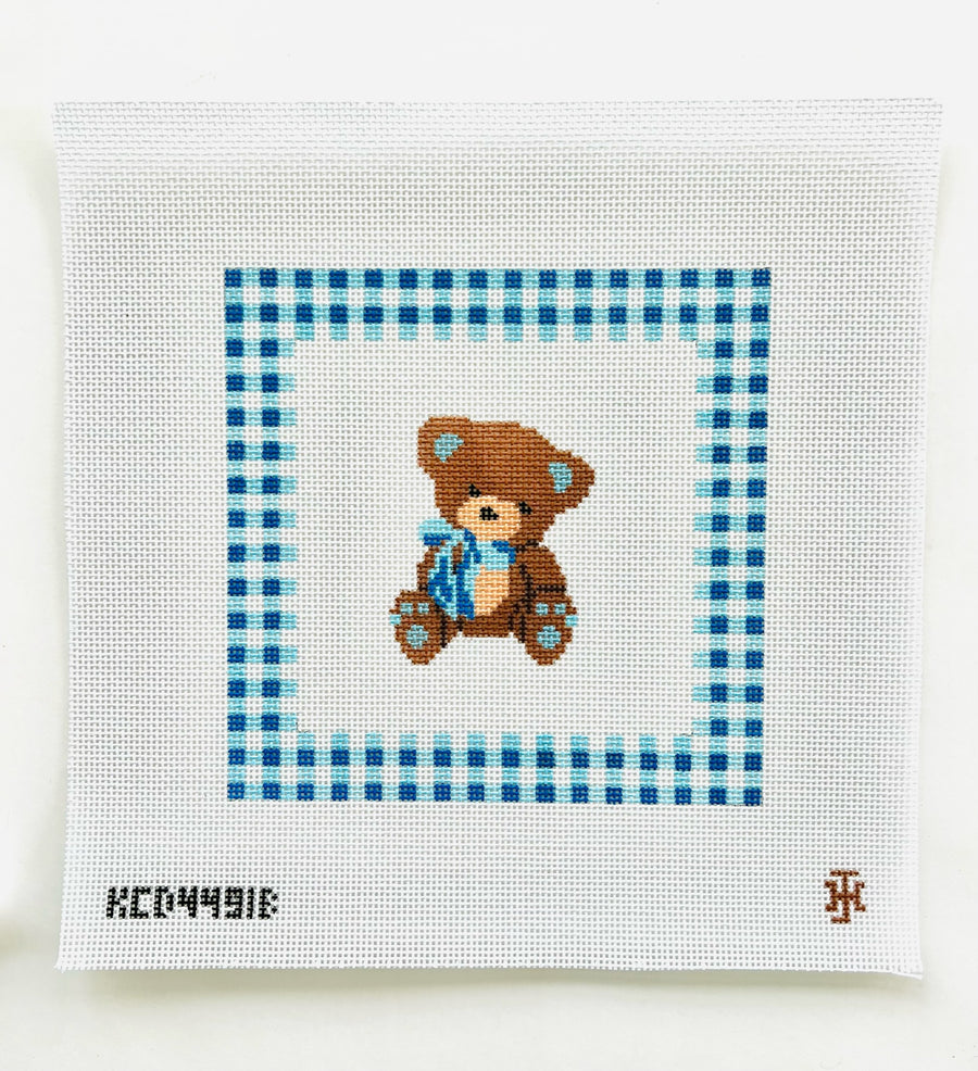 KCD4491B Teddy Bear with Gingham Border Pillow - Blue - TS