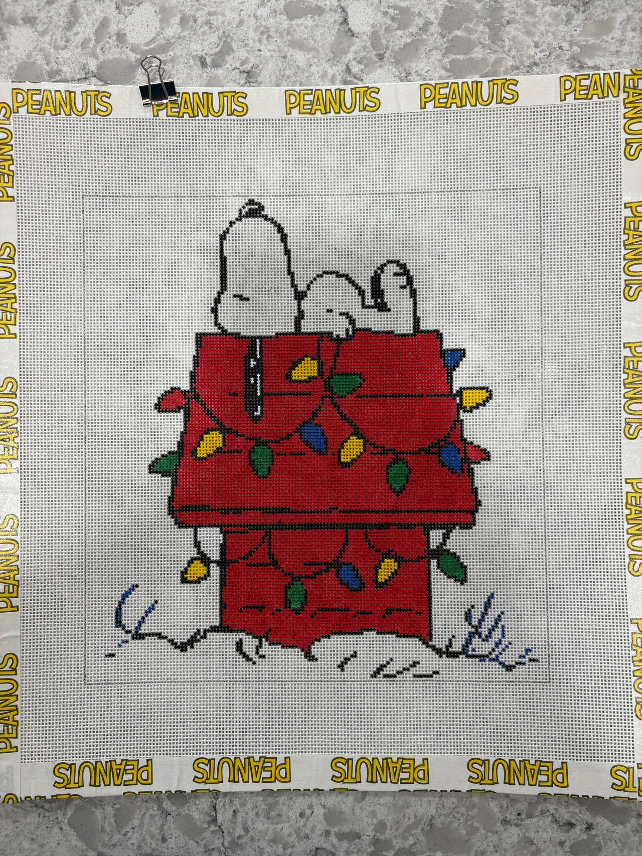 PEANUTS-CBC-3 PEANUTS  "A Charlie Brown Christmas" -  Snoopy on Lit Doghouse Canvas - 13 Mesh - SE