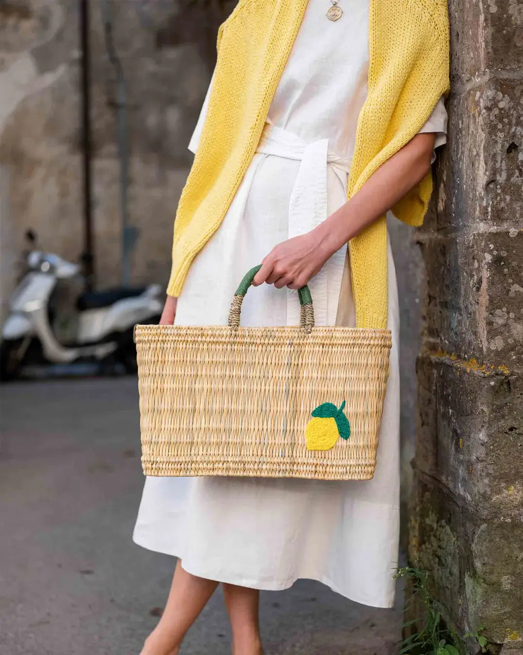 Lemon Embellished Hand woven rush shopping basket, Tote bag market rattan bag