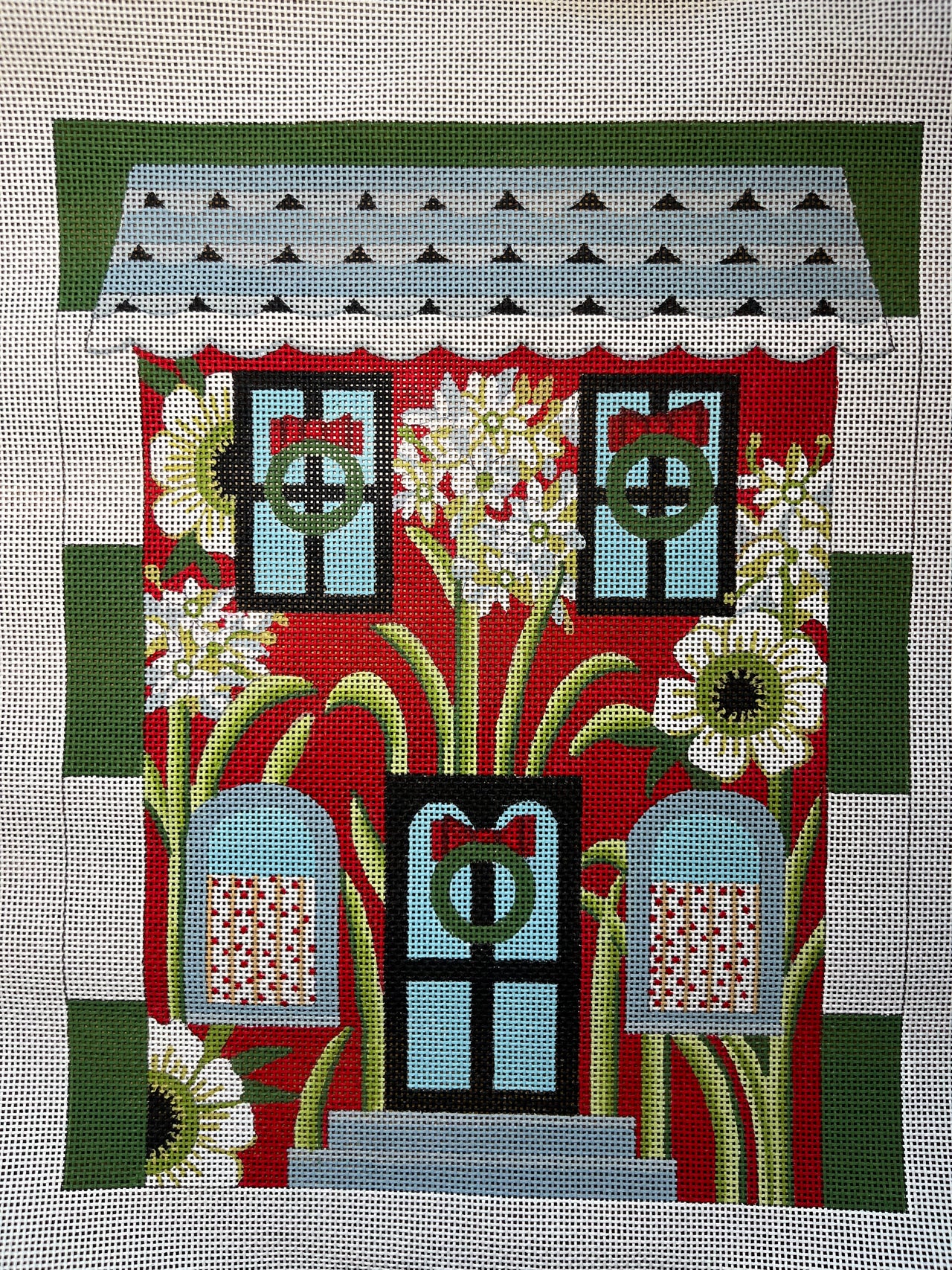 4773 Red Floral House on Stripes