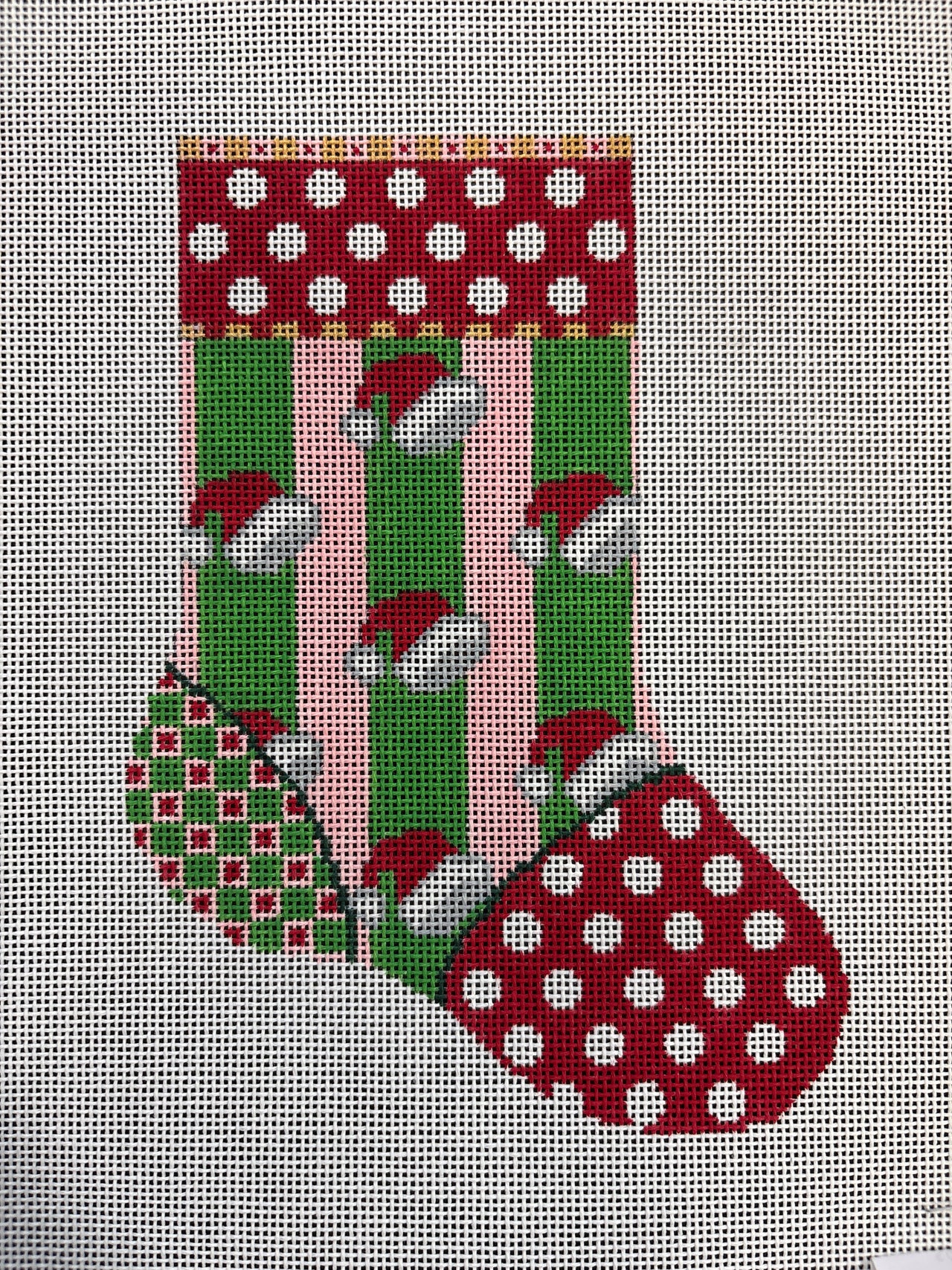 KPS-2 Christmas Mini Sock with Green and Pink Stripes and Santa Hats