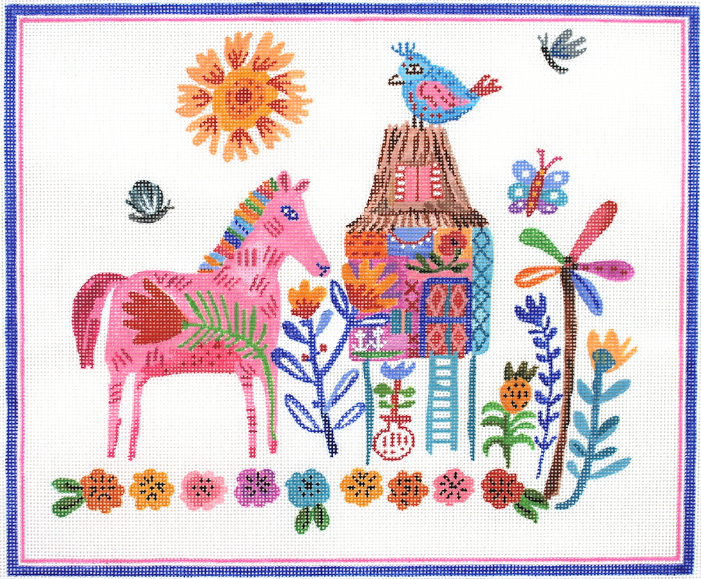 CG-PL-05 Carolyn Gavin – House on Stilts with Pink Horse – multi color     - TS