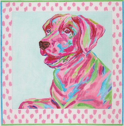 MC-PL-02 Megan Carn Laborador – pinks, blues & greens on soft turquoise w/ pink spotted border    - TS