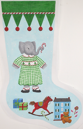 KR-STK-04 Kelly Rightsell Stocking – Elephant Girl in Green Checked Dress      - TS