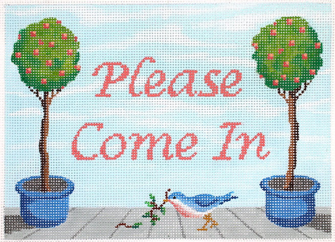DH-13 “Please Come In” Topiaries in Blue Pots & Bluebird w/ Coral Lettering on Sky - TS