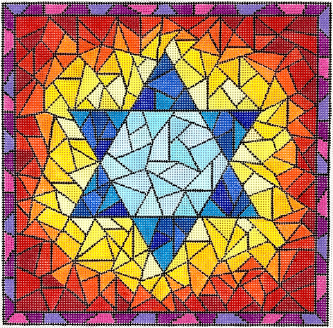 TEF-07 Tefillin Bag – Stained Glass w/ Star of David – blues, yellows, oranges, reds & purples w/ black  - TS