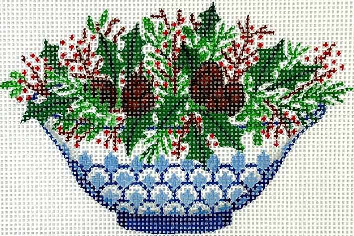 XM-156 Christmas Ornament – Chinese Bowl – Blue & White w/ Greenery, Pine Cones & Red Berries - TS