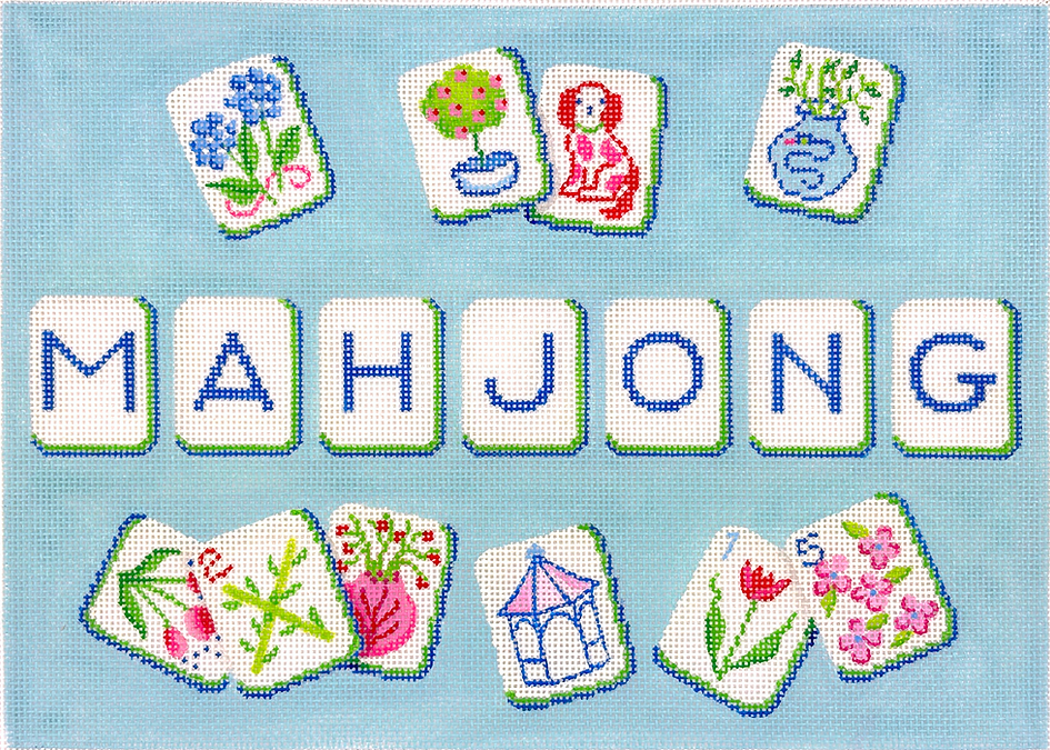 MAJ-01 Mahjong Tile Bag - English Country Garden Theme - on medium blue