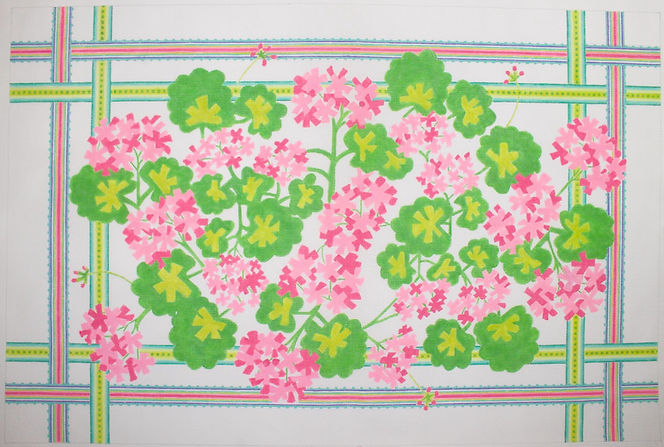 RW-11 Pink geraniums w/ turquoise, lime, lavender & pink ribbons Rug/Wall Hanging - TS
