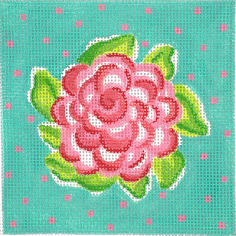 INSSQ4-50 Planet Earth 4” Square Insert – Lilly-inspired Rose w/ Dots – pink & greens on turquoise  - TS