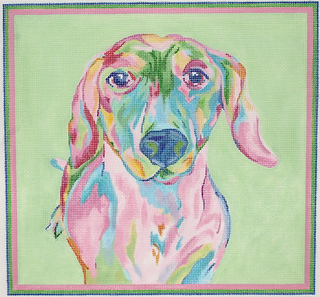 MC-PL-01 Megan Carn Dachshund – pinks, blues and greens on light green      - TS