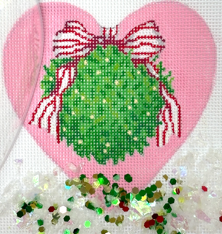 XMD-24 Heart Mini w/Clear Dome Cover & Confetti - Kissing Ball w/ Striped Bow on Pink