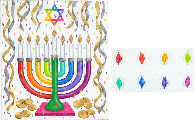 MEN-01 Menorah Set – Rainbow Confetti with Individual Flames – multi bright colors with silver & gold  - TS