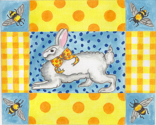 KR-PL-10 Kelly Rightsell – Running Bunny with Bees, Gingham & Polka Dots – yellows, oranges & blues  - TS