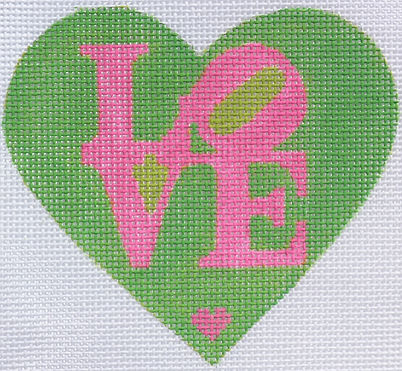OM-06 Mini Heart – Robt. Indiana style LOVE – flamingo on kelly w/ lime (February)  - TS