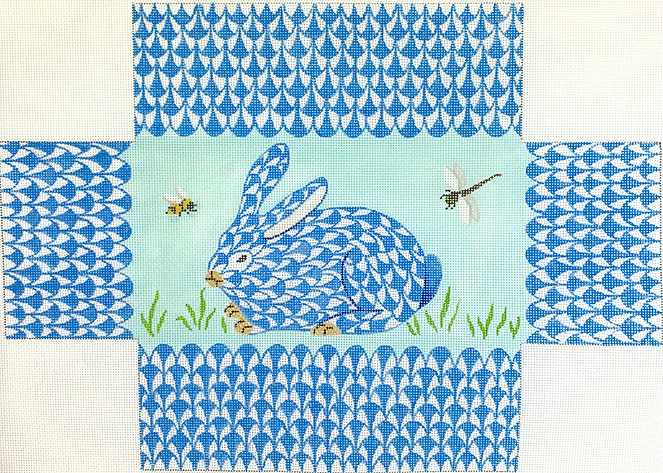 BR-28 Brick – Fishnet Bunny in the Grass with Bee & Dragonfly – blues, green, tans, black & yellow      - TS