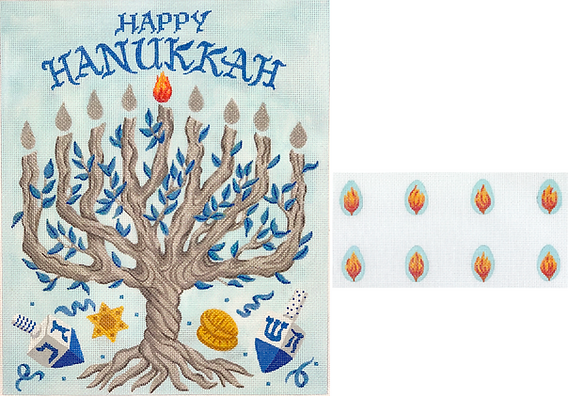 MEN-03 Menorah Set – Tree of Life with Individual Flames – blues, silvers, golds, oranges & sparkles  - TS