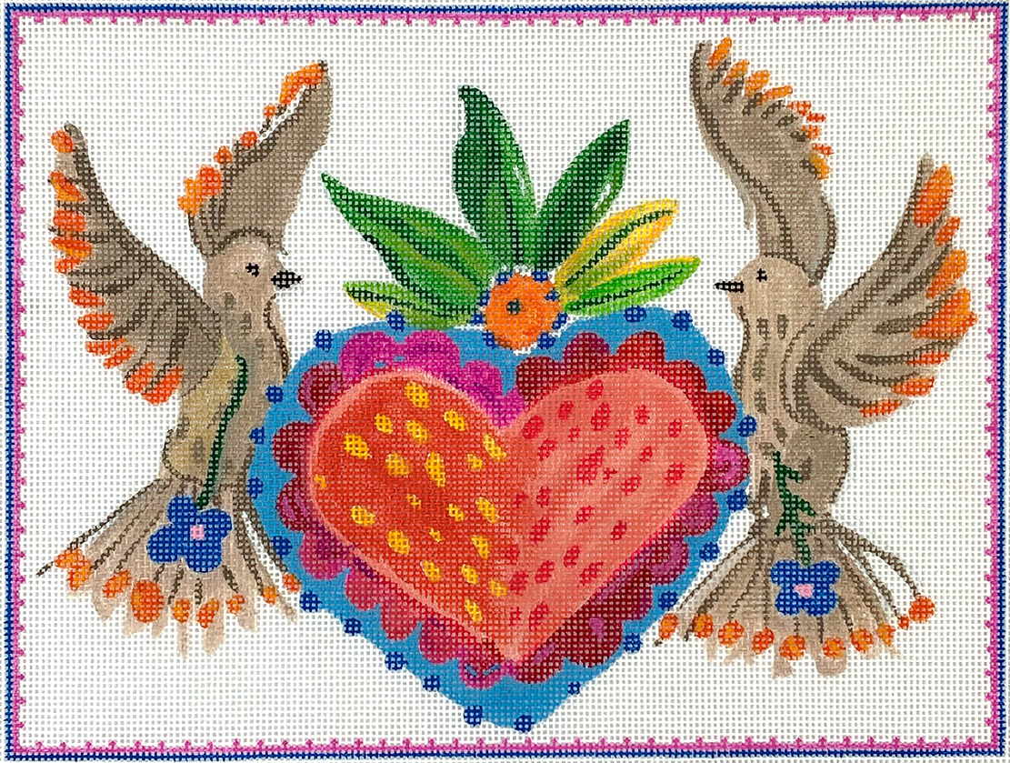 CG-PL-19 Carolyn Gavin – Doves w/ Heart Milagro – multi color (on 13 mesh) - TS