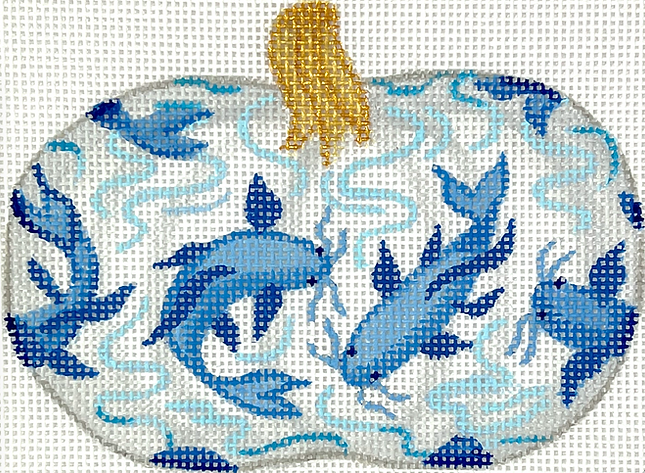 OM-340 Mini Chinoiserie Pumpkin – Short & Wide w/ Koi Fish & Waves – white w/ blues & golds       - TS