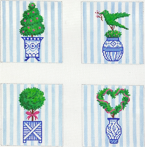 CO4-27 Set of 4 Coasters – Topiaries w/ Pink Accents in Blue & White Pots on Light Blue Stripes        - TS