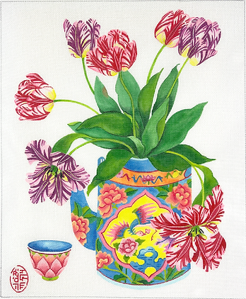 GM-PL-08 Gabby Malpas – Tulips in a Peranakan Teapot w/ Cup    - TS