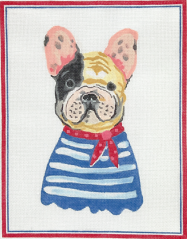 CG-PL-22 Carolyn Gavin – French Bulldog in Blue Striped Shirt w/ Red Neckerchief      - TS