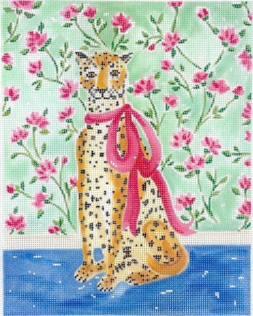 LB-PL-37 Lindsay Brackeen - Stately Leopard w/ Pink Bow & Floral Wallpaper