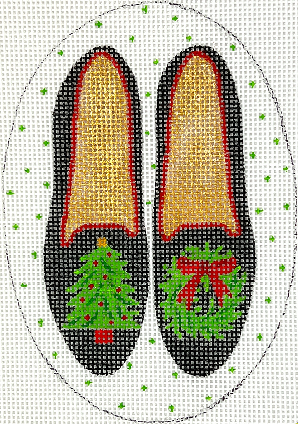XM-181 Christmas Ornament – Black Velvet Shoes w/ Tree and Wreath      - TS
