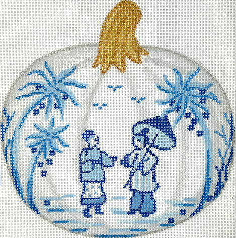 OM-341 Mini Chinoiserie Pumpkin – Small Round w/ People, Parasol & Palms – white w/ blues & golds       - TS