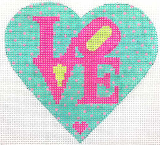 OM-237 Mini Heart – Robt. Indiana style LOVE – hot pink & lime on turquoise w/ pink dots      - TS