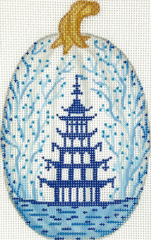OM-339 Mini Chinoiserie Pumpkin – Tall & Thin w/ Pagoda & Vines – white w/ blues & golds       - TS