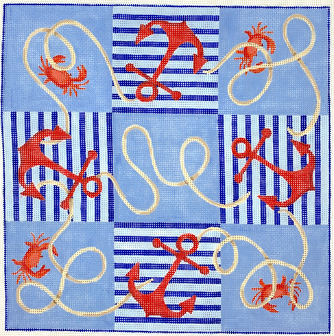 TTT-02 Tic Tac Toe Board – Nautical Anchors and Rope w/ Crabs – red, blues & tans  - TS