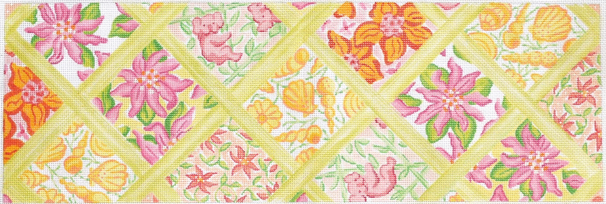 PL-23 Long Rect.– Lilly-inspired Lattice Patchwork – yellows, pinks, corals & greens - TS