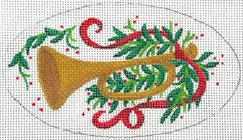 XM-36 Christmas Ornament – Toy Trumpet w/ Red Ribbon & Greenery       - TS