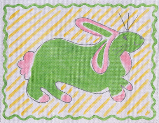 JW-PL-07 Jilly Walsh Rabbit – pink & green on yellow stripes - TS