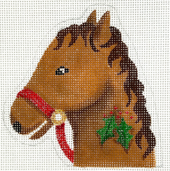 XM-194 Christmas Ornament - Horse w/ Holly Candy Cane Holder - Tan & Brown