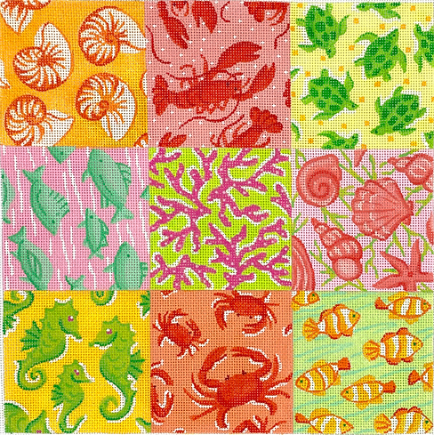 TTT-01 Tic Tac Toe Board – Lilly-inspired Seaside Patchwork – yellows, oranges, pinks & greens  - TS