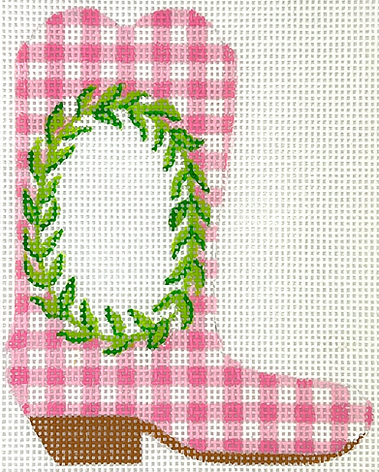 OM-388 Mini Cowgirl Boot – Greenery Wreath on Pink Gingham w/ Monogram Space     - TS