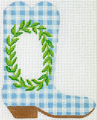 OM-389 Mini Cowgirl Boot – Greenery Wreath on Blue Gingham w/ Monogram Space     - TS