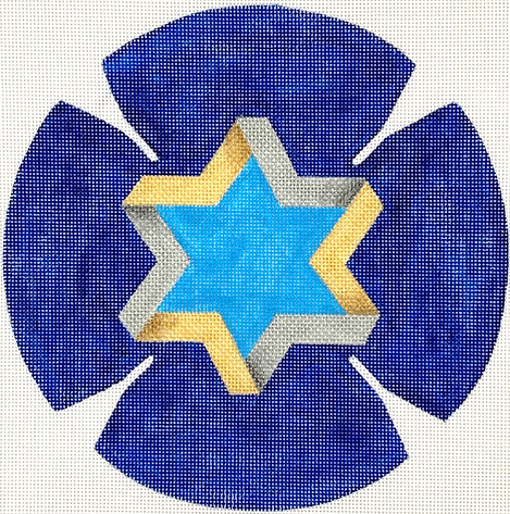 KIP-04 Kippah – Star of David – golds & silvers on deep blue  - TS