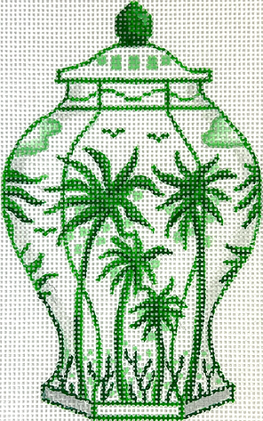 OM-336 Mini Chinese Vase – Tall Green & White w/ Palm Trees & Coconuts      - TS