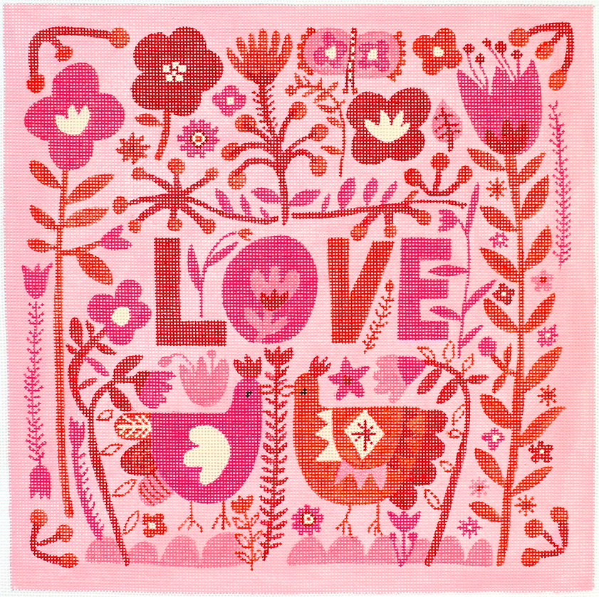 CG-PL-04 Carolyn Gavin – LOVE with Flowers & Chickens – pinks & reds     - TS