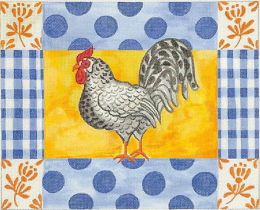 KR-PL-13 Kelly Rightsell – Rooster with Blue Polka Dots, Gingham and Orange Damask Flowers - TS