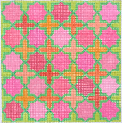 PL-140 Moroccan Tiles – Crosses & Stars in pinks, oranges w/ greens (stitch guide in notebook) - TS