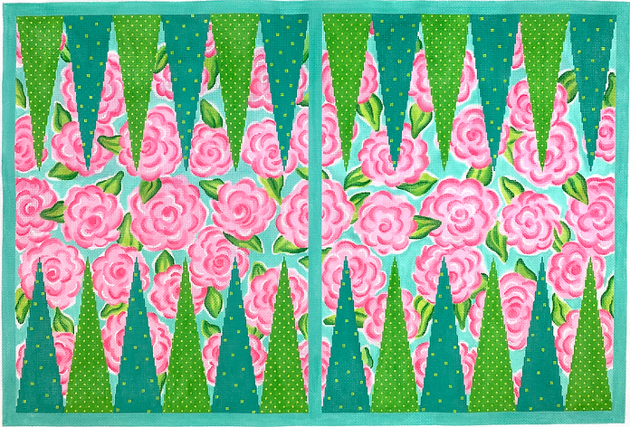 BGB-03 Backgammon Board Canvas – Lilly-inspired Roses – pinks, greens & turquoise  - TS