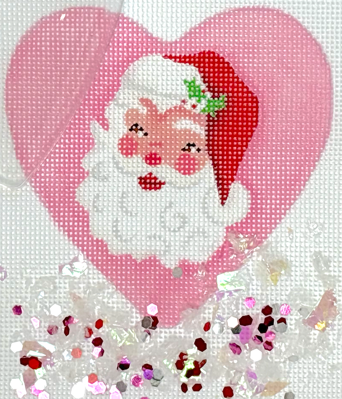 XMD-19 Heart Mini w/Clear Dome Cover & Confetti - Santa w/ Holly on Bright Pink