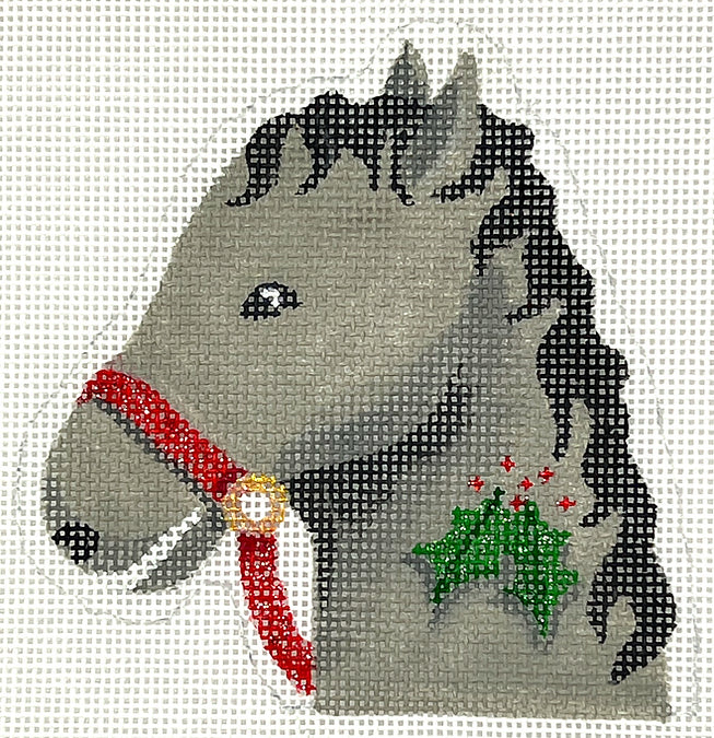 XM-193 Christmas Ornament - Horse w/ Holly Candy Cane Holder - Gray & Black