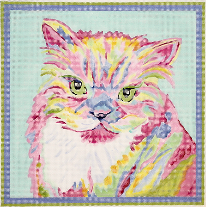 MC-PL-03 Megan Carn Persian Cat – bright pastels on light aqua     - TS