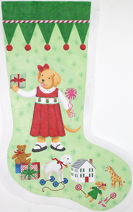KR-STK-02 Kelly Rightsell Stocking – Yellow Dog Girl in Red Dress     - TS