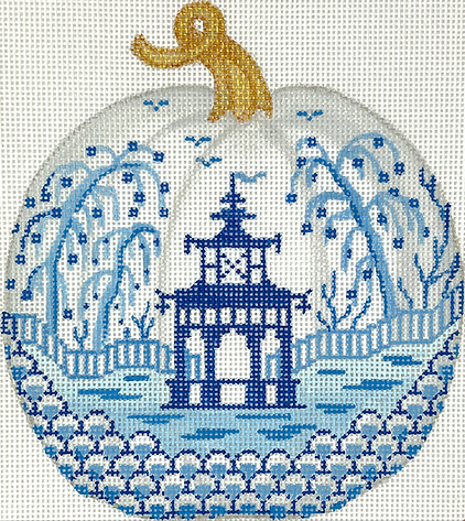 OM-338 Mini Chinoiserie Pumpkin – Large Round w/ Pagoda & Willows – white w/ blues & golds       - TS